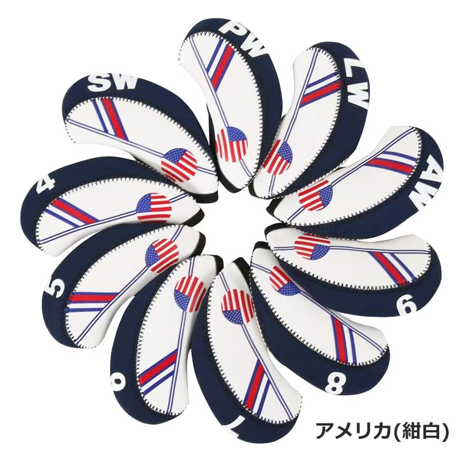 ゴルフ ヘッドカバー アイアンカバー アイアン 用 10点セット 4番 5番 6番 7番 8番 9番 P番 A番 S番 X番 番手付 ネオプレーン 多彩 アメリカ イギリス 柄