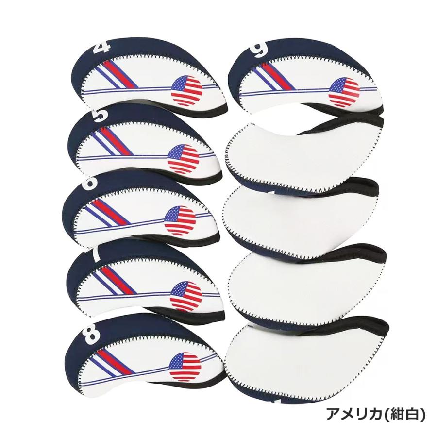 ゴルフ ヘッドカバー アイアンカバー アイアン 用 10点セット 4番 5番 6番 7番 8番 9番 P番 A番 S番 X番 番手付 ネオプレーン 多彩 アメリカ イギリス 柄