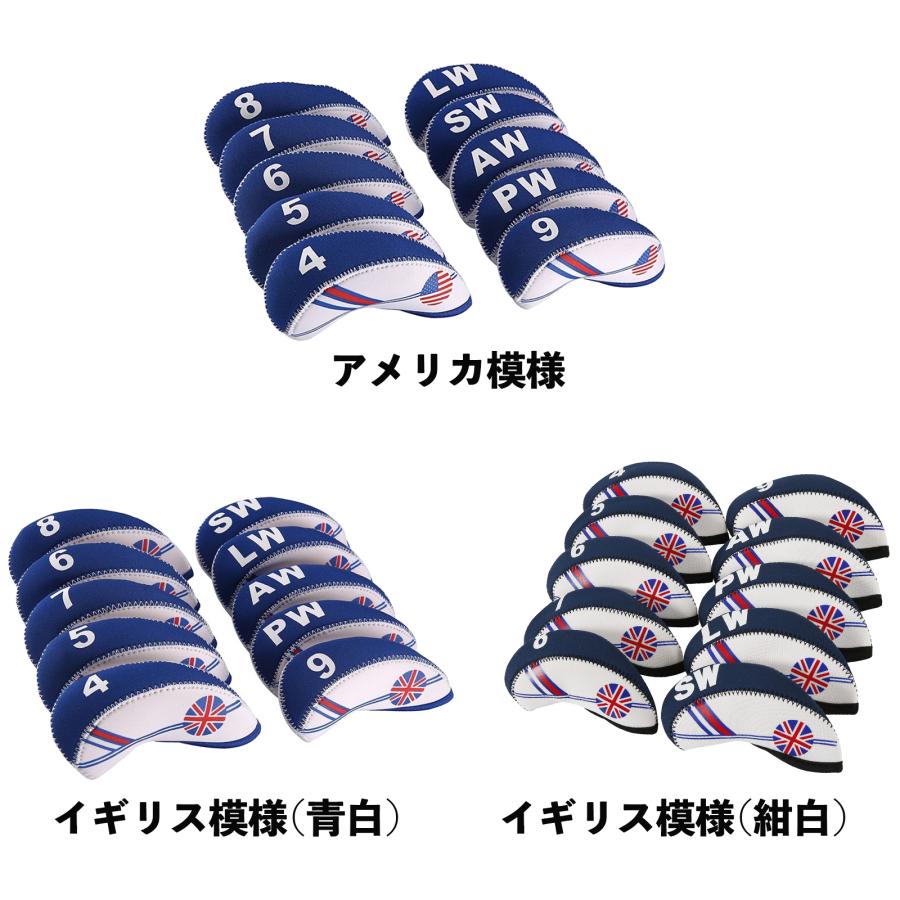 ゴルフ ヘッドカバー アイアンカバー アイアン 用 10点セット 4番 5番 6番 7番 8番 9番 P番 A番 S番 X番 番手付 ネオプレーン 多彩 アメリカ イギリス 柄
