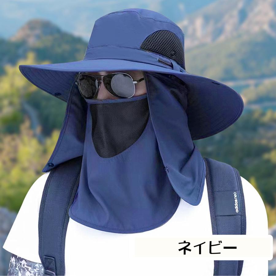 日よけ帽子 サファリハット つば広 レディース メンズ フェイスカバー付き 首ガード メッシュ 紫外線対策 アウトドア ハット 360度UVカット 日焼け防止 通気