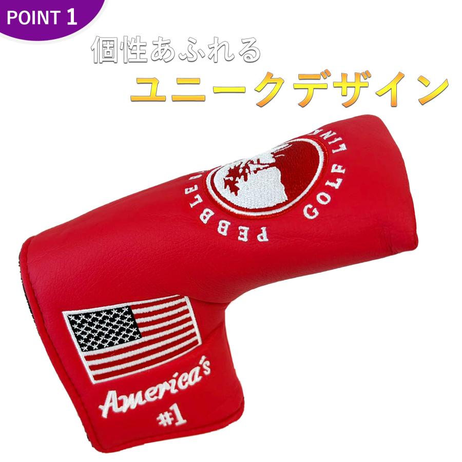 ゴルフ ヘッドカバー パターカバー スコッティーキャメロン オデッセイに適合 マジックテープ開閉式 アメリカ刺繍 ピンタイプ 樹 紺 白 赤 黒