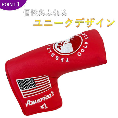 ゴルフ ヘッドカバー パターカバー スコッティーキャメロン オデッセイに適合 マジックテープ開閉式 アメリカ刺繍 ピンタイプ 樹 紺 白 赤 黒