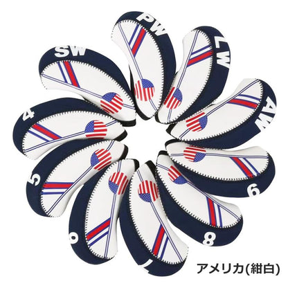 ゴルフ ヘッドカバー アイアンカバー アイアン 用 10点セット 4番 5番 6番 7番 8番 9番 P番 A番 S番 X番 番手付 ネオプレーン 多彩 アメリカ イギリス 柄