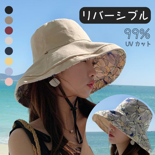 日よけ帽子 つば広 レディース リバーシブル 花柄 シンプル ファッション 紫外線対策 UV ハット 360度UVカット 日焼け防止 通気 サファリハット かわいい 遮光
