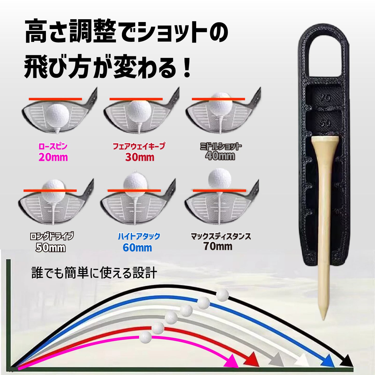 ゴルフ ティー 高さ調整器 ティーハイトアジャスター 6段階高さ調整 20〜70mm ティー高さガイド ティーアップ補助ツール コンパクト 軽量 ラバー素材