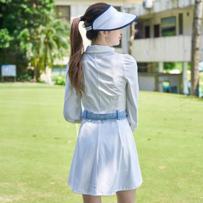 ゴルフドレス ゴルフ ワンピース インナー パンツ 付き レディース ウエスト スカート ステッチ 長袖 スポーツスカート スリムフィット ベルト スポーツ