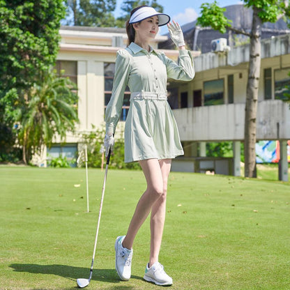 ゴルフドレス ゴルフ ワンピース インナー パンツ 付き レディース ウエスト スカート ステッチ 長袖 スポーツスカート スリムフィット ベルト スポーツ