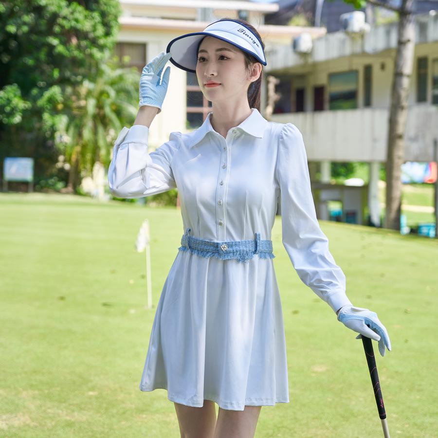 ゴルフドレス ゴルフ ワンピース インナー パンツ 付き レディース ウエスト スカート ステッチ 長袖 スポーツスカート スリムフィット ベルト スポーツ
