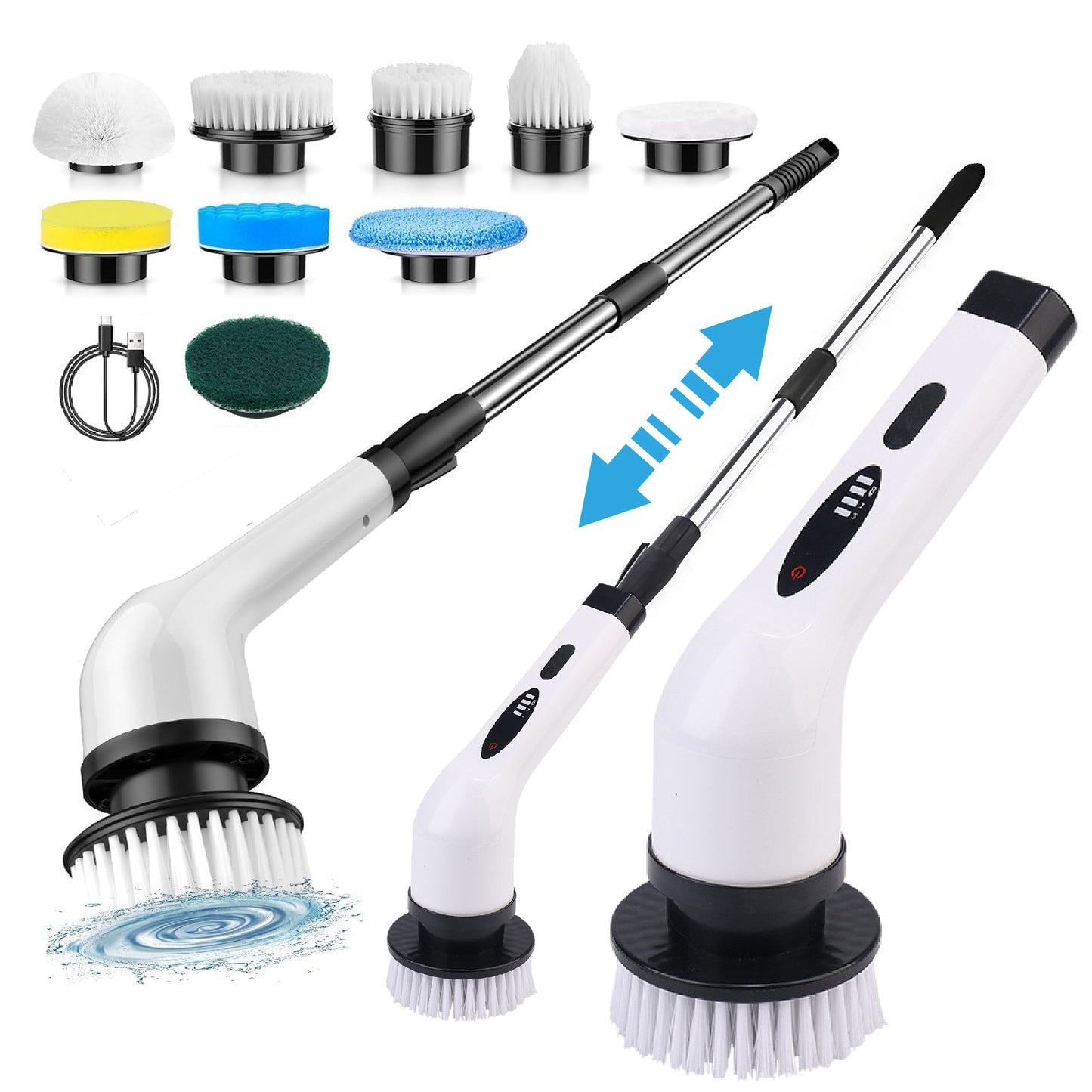 【9種ブラシ付き】電動お掃除ブラシ 角度＆速度調整 コードレス 90分連続稼働 軽量＆多用途 お風呂掃除 床 天井 玄関 車 食器 水垢に強い 腰の負担軽減 ３段階長さ調節