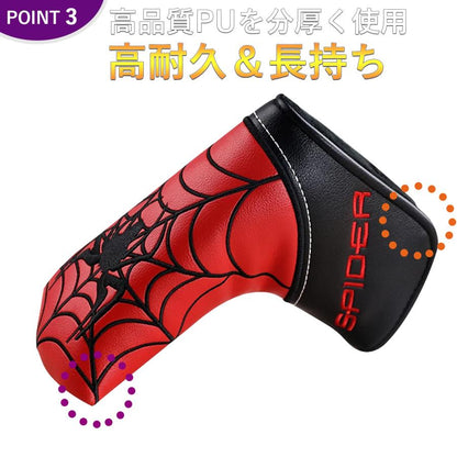 ゴルフ ヘッドカバー 新デザイン パターカバー スコッティーキャメロン オデッセイに適合 マグネット開閉式 ピンタイプ Spider 刺繍 4色